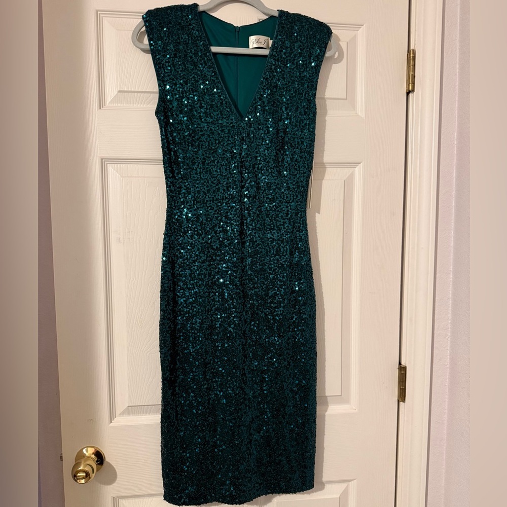 Eliza J Teal Sequin V-Neck Midi Dress